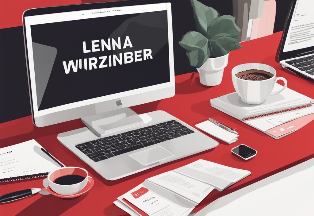 Realistische Illustration eines professionellen Schreibtischs mit Laptop, der den digitalen Lebenslauf von Lena Wurzenberger zeigt, neben einer Tasse Kaffee und einigen Schreibwaren, Hauptfarbe rot.