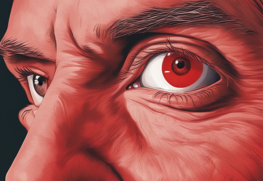 Nahaufnahme von Mike Süsser mit Fokus auf sein Auge, das auf eine medizinische Bedingung hinweist, realistisches Bild in Rot gehalten