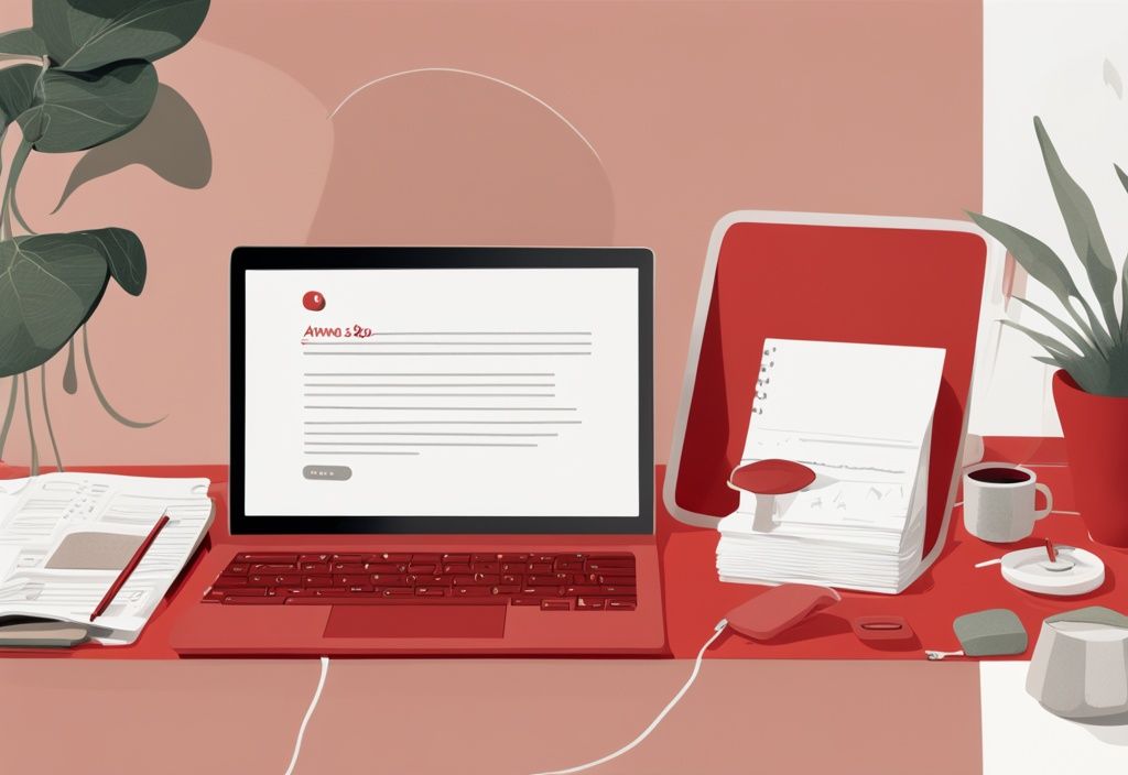 Moderner Laptop mit dem Blogpost "Annas Blog C+ 2022" auf dem Bildschirm in einem gemütlichen, kreativen Arbeitsplatzumfeld, Hauptfarbe Rot.