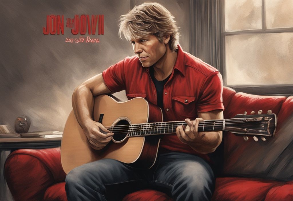 Jon Bon Jovi spielt Akustikgitarre in entspannter Atmosphäre, rotes Farbschema, Betonung auf starke Hände, Symbol für Überwindung von Widrigkeiten