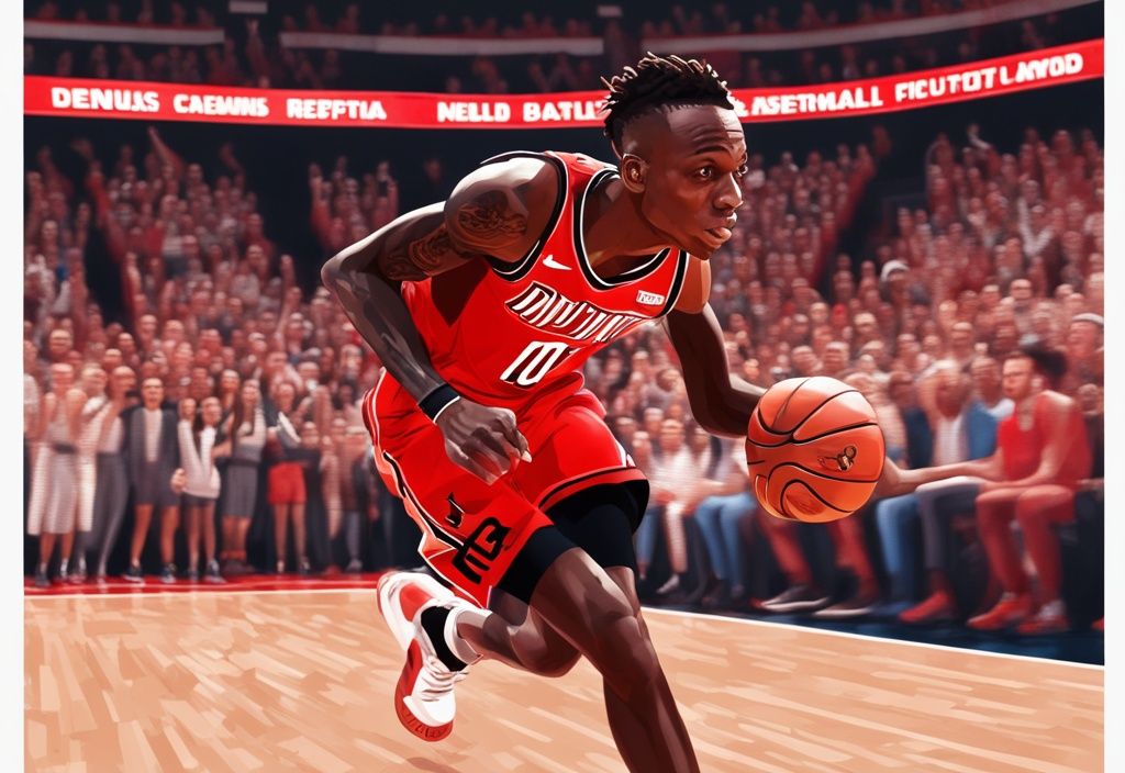 Dennis Schröder dribbelt konzentriert den Basketball auf dem Spielfeld, umgeben von jubelnden Zuschauern, in einer realistischen Illustration mit rotem Farbschema.