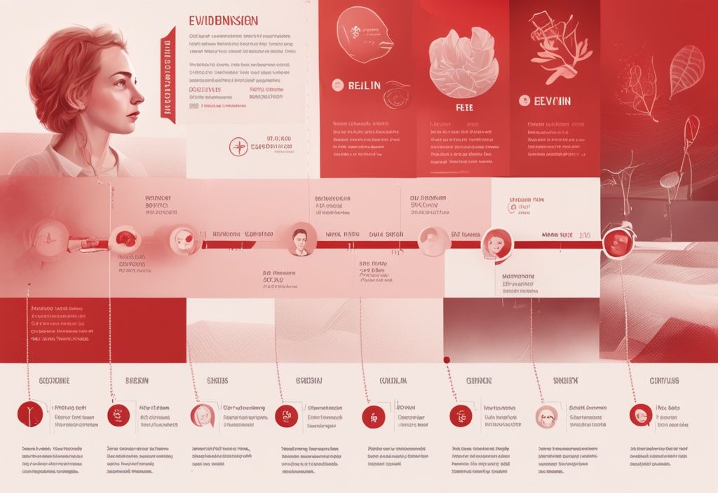 Realistische Illustration mit rotem Farbschema, die die Lebenslinie von Evelin Burdenski zeigt und ihre bedeutenden Erfolge und Meilensteine hervorhebt – Evelin Burdenski Biografie.