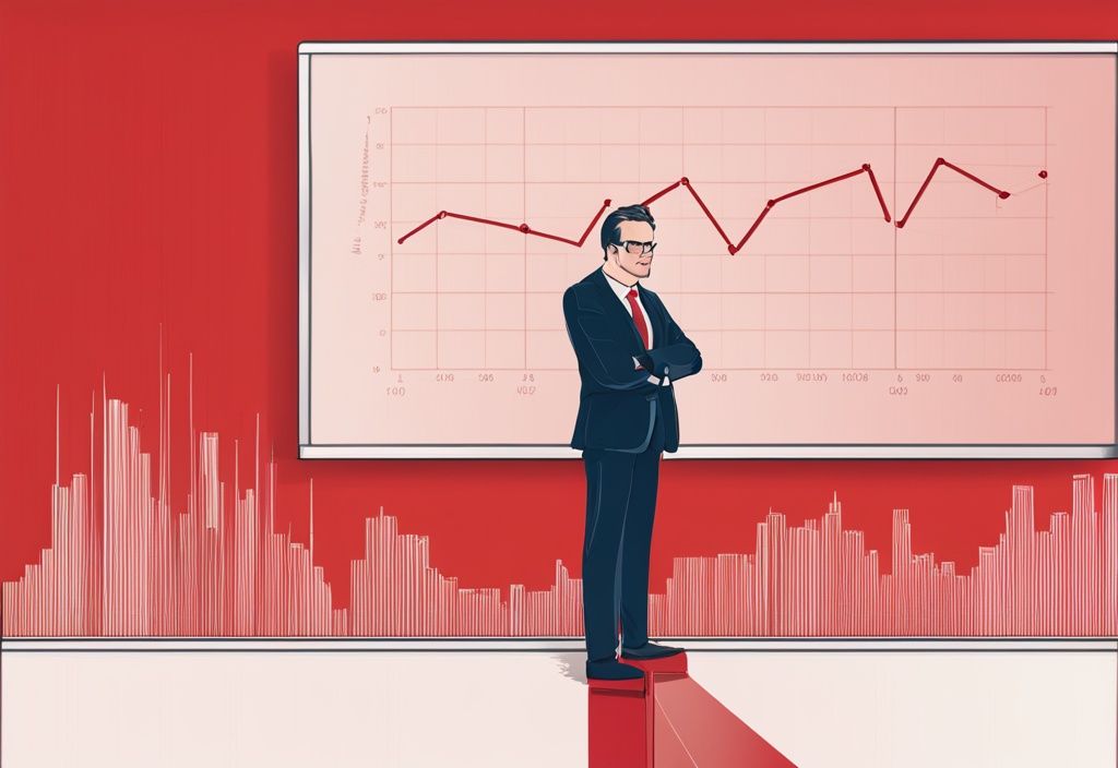 Andreas Herb vor einem Diagramm, das seinen steigenden Nettowert darstellt, in einer realistischen Illustration mit rotem Farbthema