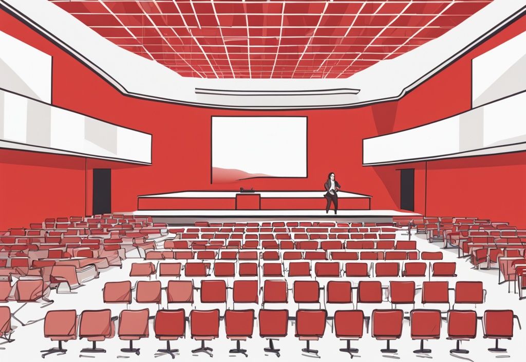 Ellen Ziolo hält einen Vortrag über Designprinzipien in einem modernen, hell erleuchteten Auditorium, Hauptfarbthema rot.