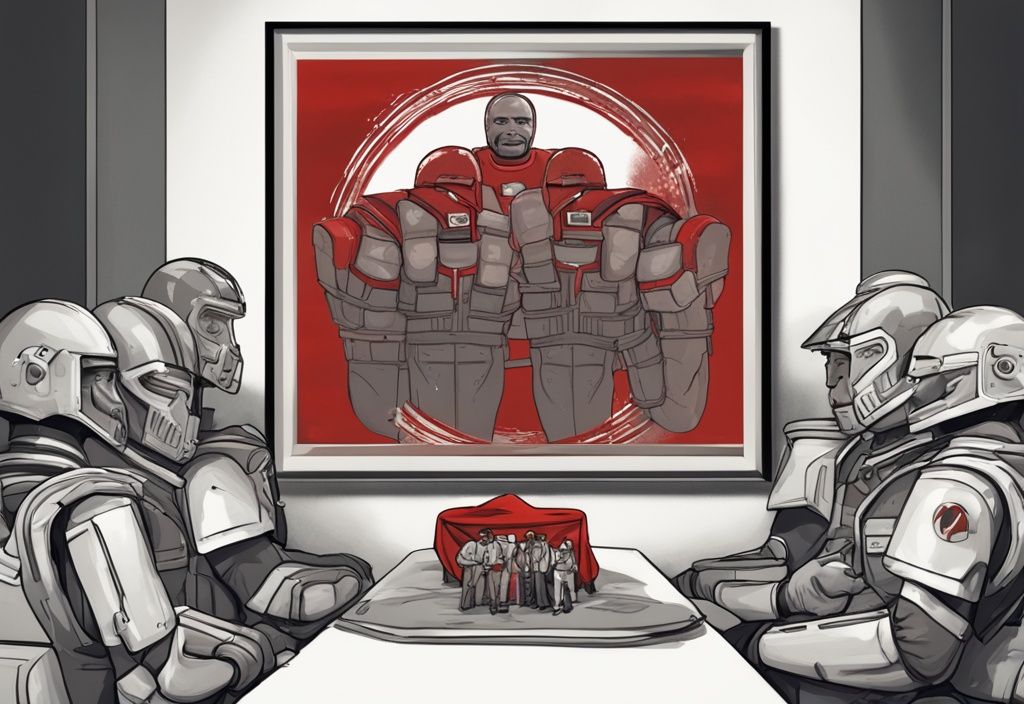 Realistische Illustration einer ernsten Zusammenkunft des Steel Buddies Teams mit einem gerahmten Bild von Günther, das seinen Tod symbolisiert. Steel Buddies Günther gestorben.