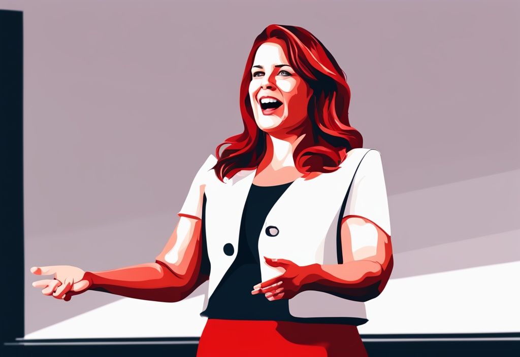 Realistische Illustration von Alison Botha bei einem Motivationsvortrag, starke und widerstandsfähige Frau in rotem Farbschema, inspiriert das Publikum mit ihrer Geschichte.