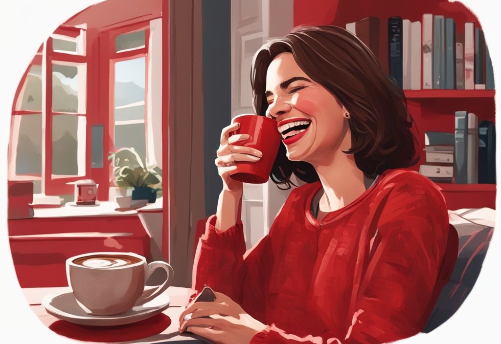 Adelia Clooney lacht mit einer Kaffeetasse in der Hand in einem gemütlich dekorierten Zuhause, realistisches rotes Farbschema.