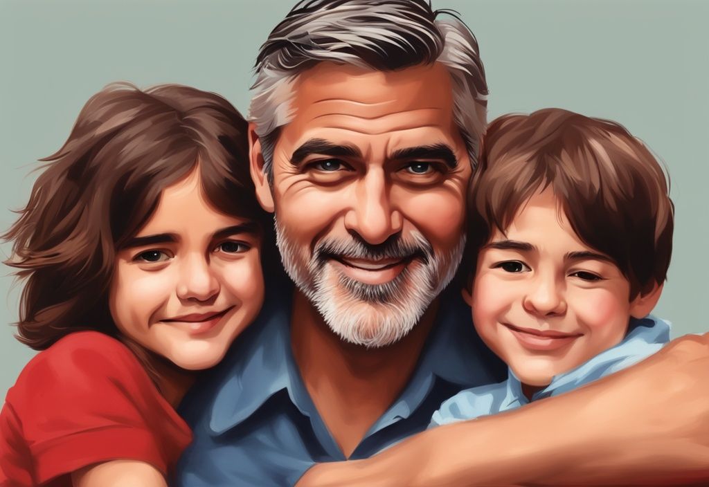 George Clooney lächelnd mit seinen zwei Kindern in einer roten Farbthematik.