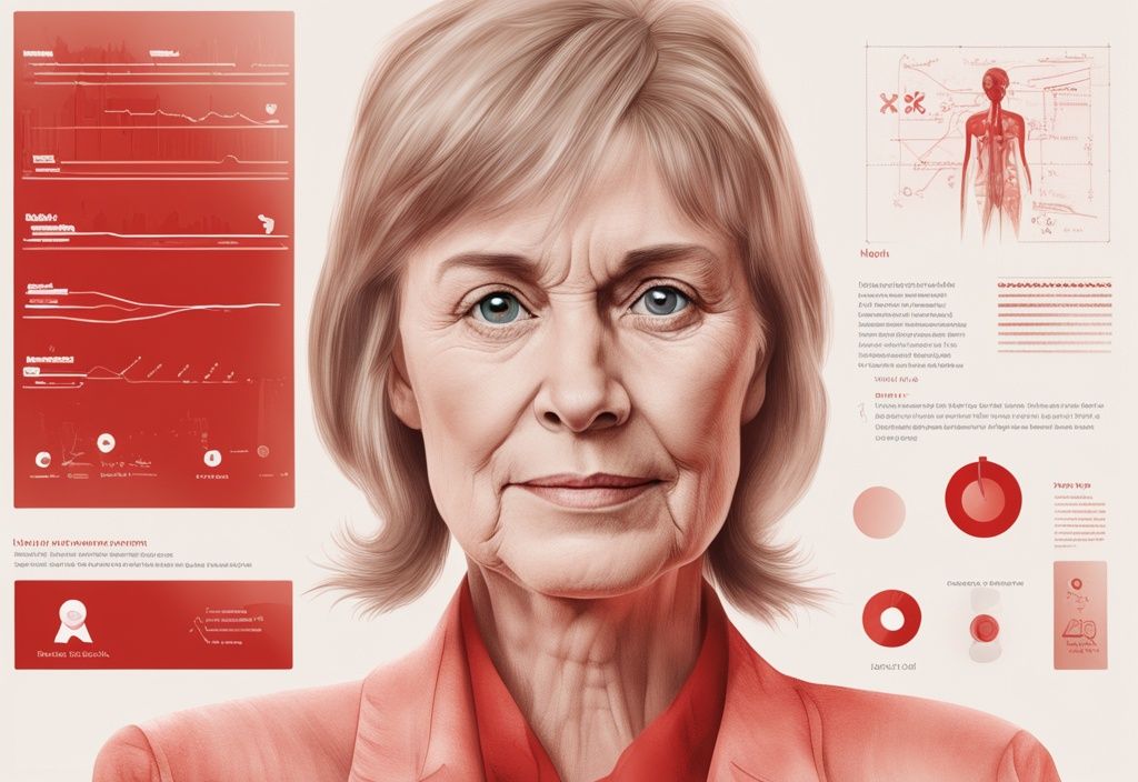 Realistische Illustration von Uschi Glas in Rottönen mit subtilen Hinweisen auf einen Schlaganfall, wie medizinische Infografiken oder Symbole im Hintergrund.