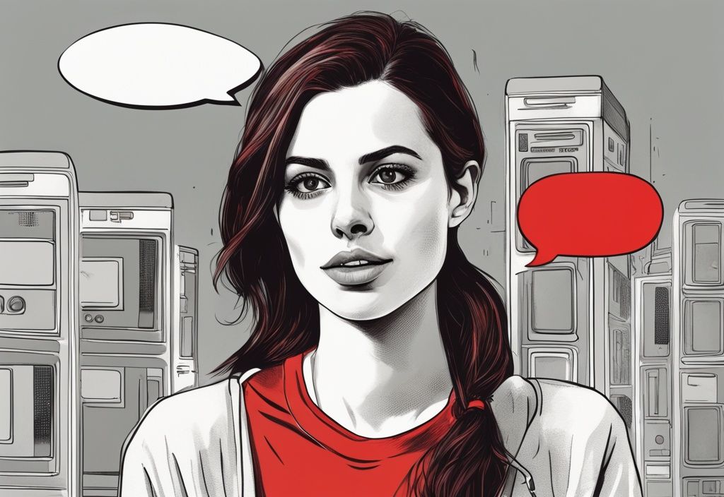 Realistische Illustration von Lena Meyer-Landrut in einer lässigen Umgebung, die neugierig nach oben schaut, mit einer Sprechblase "What's Up?", um das Schlüsselwort "was ist mit Lena Meyer Landrut los" zu symbolisieren, Hauptfarbthema Rot.