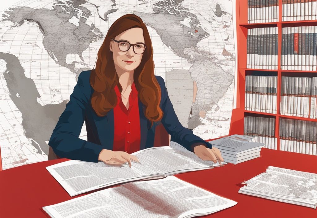 Realistische Illustration von Florence Gaub in einem professionellen Umfeld, umgeben von Forschungsunterlagen und Büchern, mit einer Weltkarte im Hintergrund, die ihre geopolitische Expertise symbolisiert; Hauptfarbthema rot.