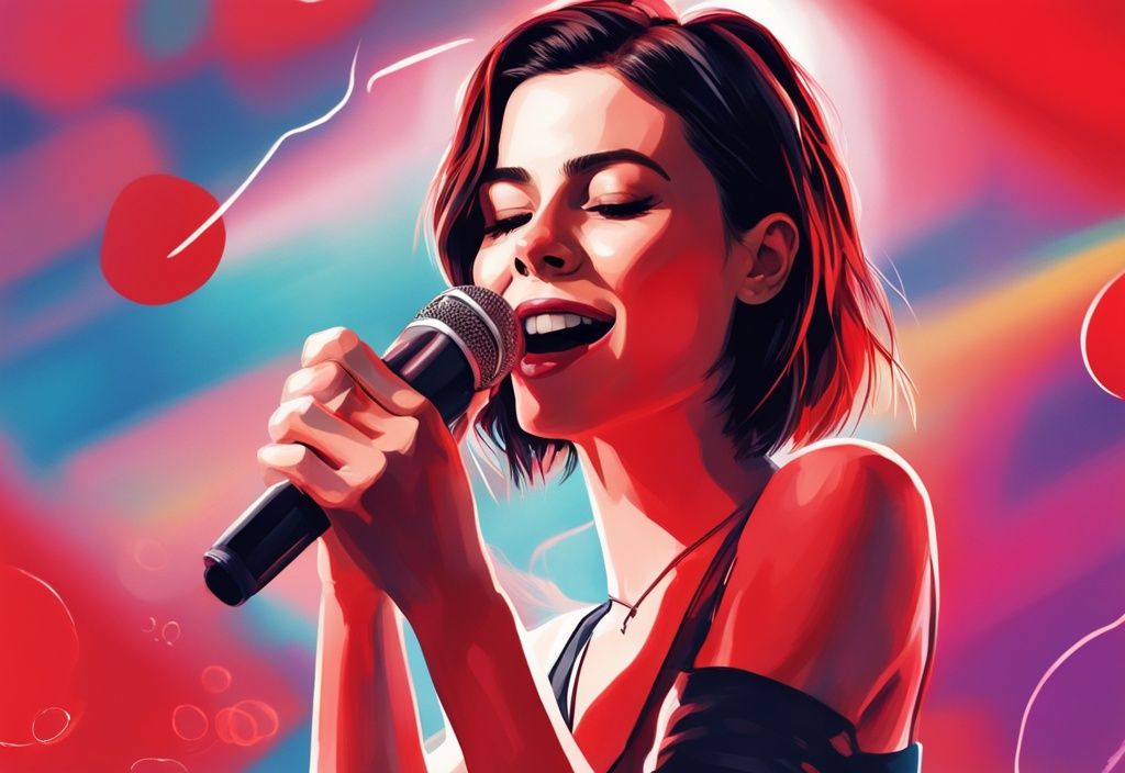 Lena Meyer-Landrut singt mit Mikrofon ihr Hitlied "Baby" vor einem verspielten, bunten Hintergrund in Rot.