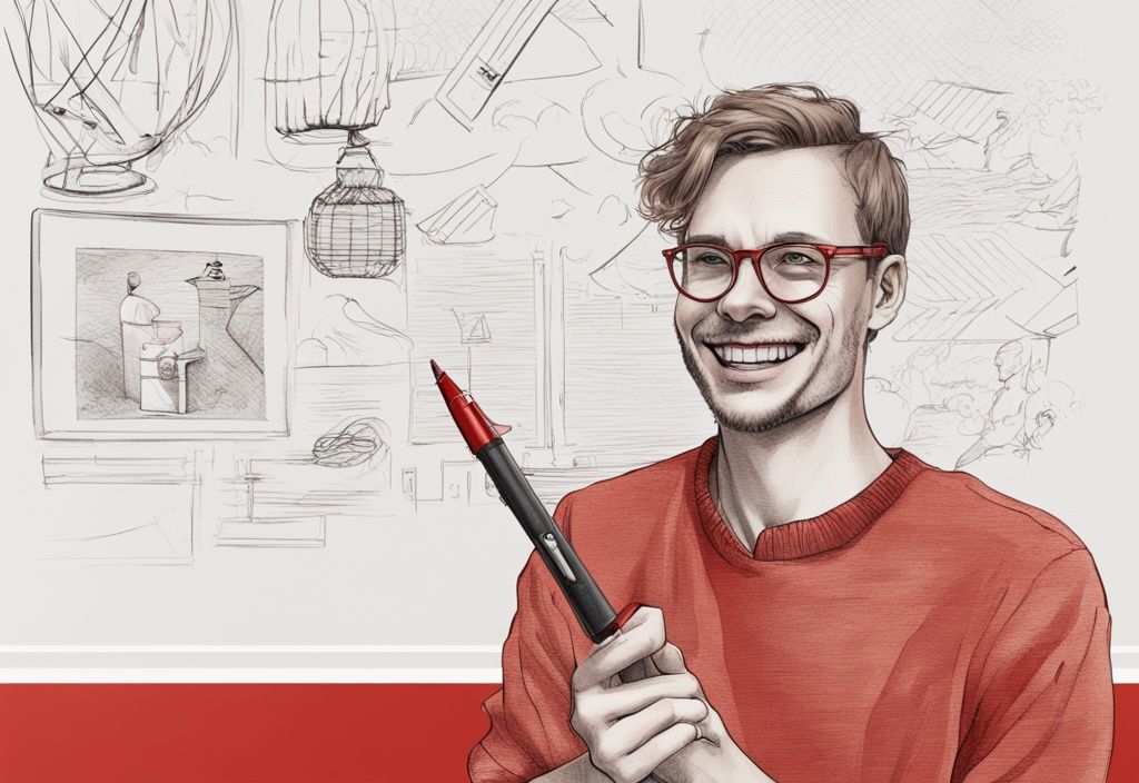 Luca Kohlund lächelnd mit digitalem Stift in der Hand, in lässiger Kleidung, rotes Farbschema, Designer-Porträt.