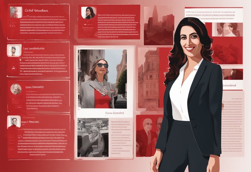 Realistische Illustration von Rouba Saadeh in eleganter Kleidung, mit roten Farbtönen und einer Montage ihrer Lebensereignisse und Erfolge im Hintergrund.