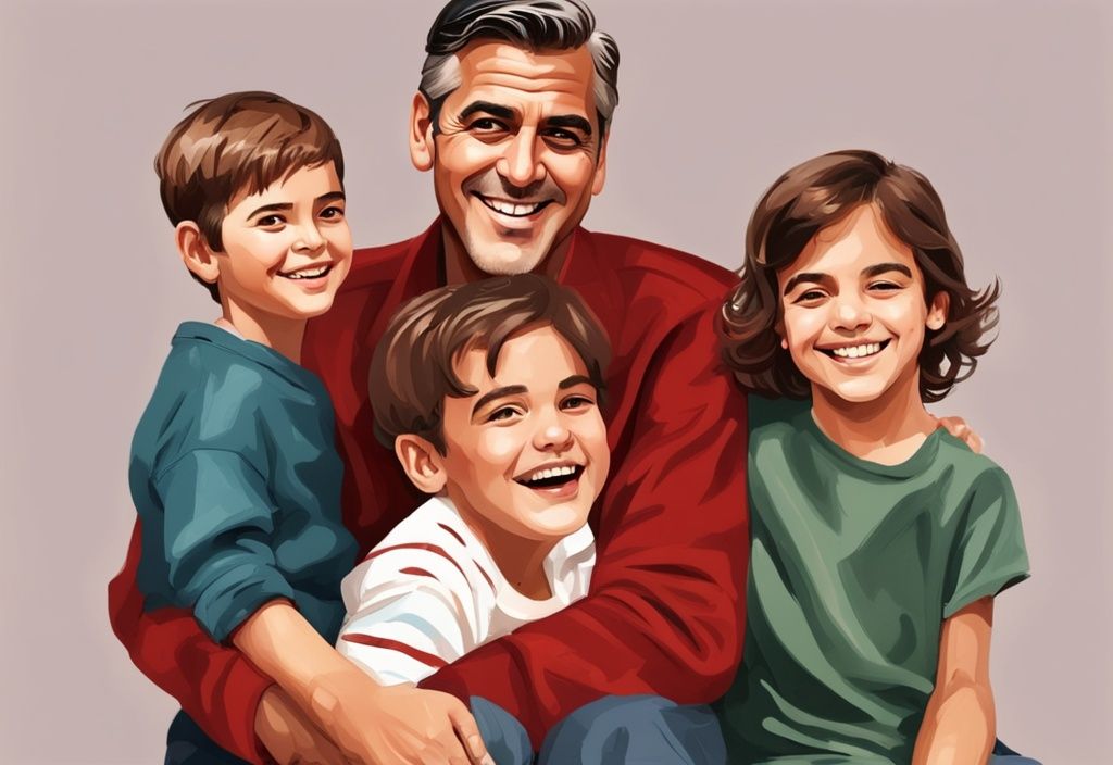 George Clooney mit seinen Kindern, alle lächelnd und eine gute Zeit zusammen, rote Farbtöne, Kinder von George Clooney.