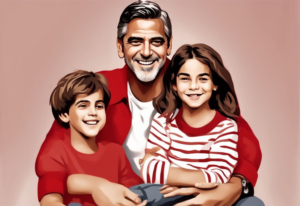 George Clooney lächelnd mit seinen Kindern, die eine schöne Zeit zusammen verbringen, Hauptfarbthema Rot, Kinder von George Clooney.