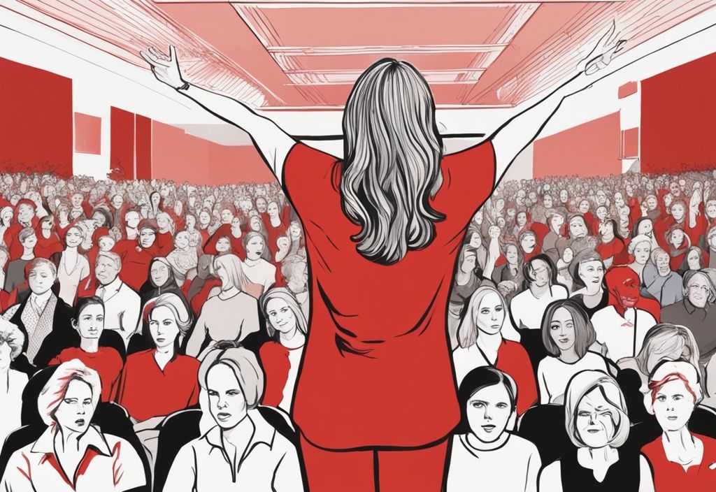 Realistische Illustration von Alison Botha, einer starken und widerstandsfähigen Frau, die ihre inspirierende Geschichte vor einem gefesselten Publikum erzählt; Hauptfarbthema Rot; wer ist Alison Botha?