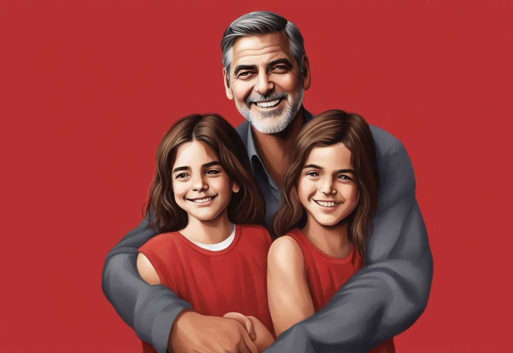 George Clooney mit seinen zwei lachenden Kindern in einer realistischen roten Illustration