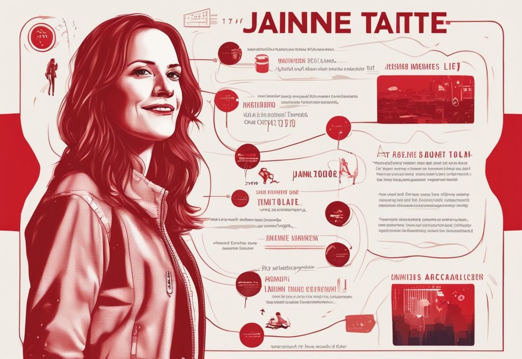 Lebenslauf von Janine Tate: Chronik wichtiger Momente ihrer Kindheit, Karrierehöhepunkte und persönlicher Erfolge, dominiert von rotem Farbthema.