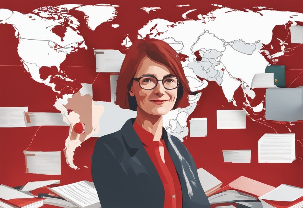 Realistische Illustration von Florence Gaub in einem professionellen Umfeld mit roten Farbtönen, umgeben von Forschungsunterlagen und Büchern, mit einer Weltkarte im Hintergrund als Symbol für ihre geopolitische Expertise.