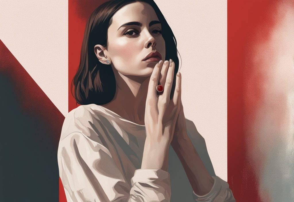 Realistische Illustration von Lena Meyer Landrut in Rot, nachdenklich mit verblasstem Ehering, Lena Meyer Landrut geschieden.