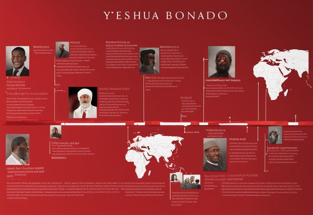 Realistische Illustration in Rot, die die Lebenslinie von Yeshua Bonadio mit seinen wichtigsten Errungenschaften und Meilensteinen zeigt; Yeshua Bonadio Biografie.