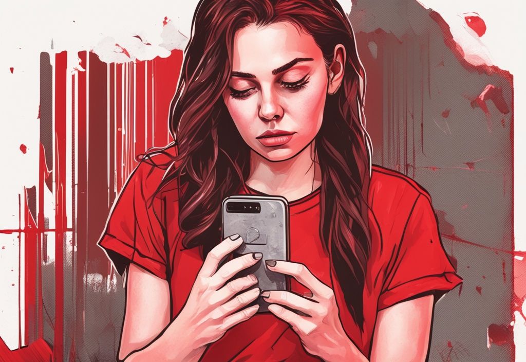 Realistische Illustration von einer besorgten Laura Müller, die auf ihr Smartphone schaut, mit dem OnlyFans-Logo und einem gebrochenen Vorhängeschloss auf dem Bildschirm, Hauptfarbthema Rot.