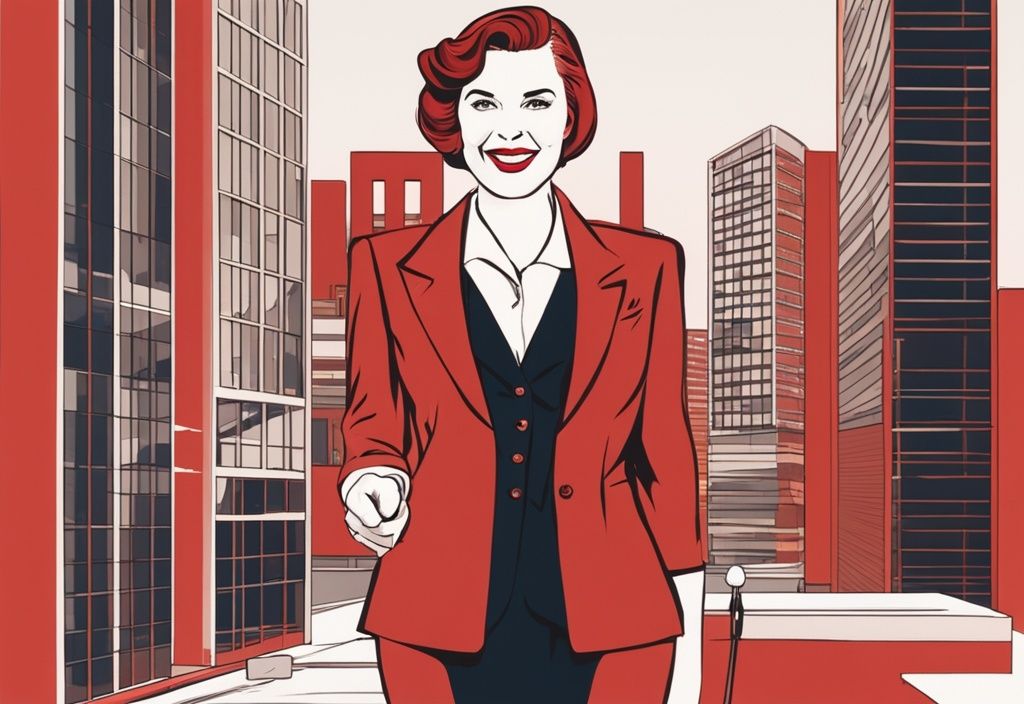 Realistische Illustration einer eleganten Frau, vermutlich Edna Eidinger, in einem gut sitzenden Anzug vor einem modernen Bürogebäude mit selbstbewusstem Lächeln, Hauptfarbthema Rot.