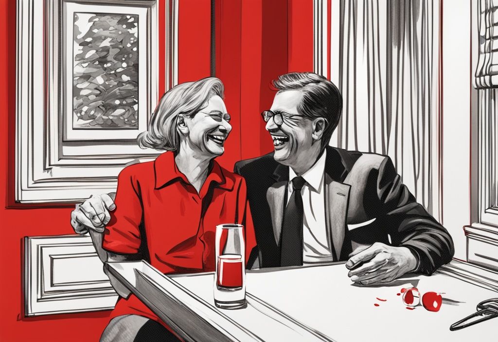 Ronald Zehrfeld und seine Frau lachen und genießen ein privates Gespräch, realistisches Bild mit rotem Farbschema.