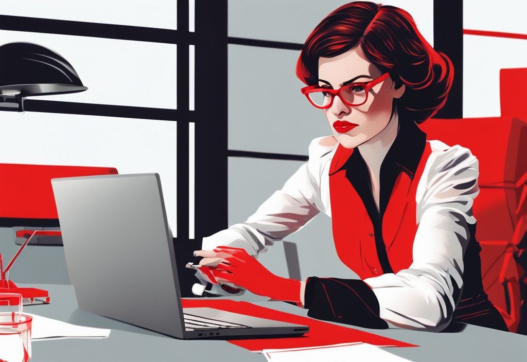 Edna Eidinger, professionelle Frau in rotem Thema, arbeitet konzentriert an einem Laptop im modernen Büro.
