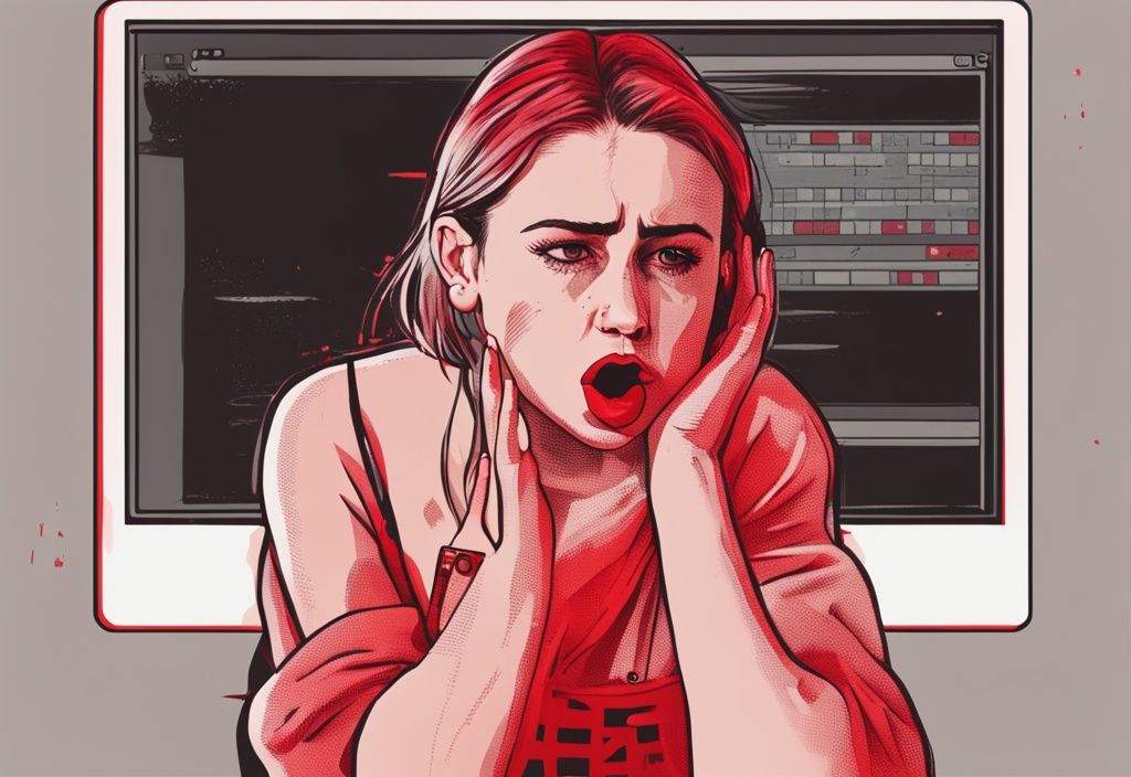 Realistische Illustration von Laura Müller in Schock vor einem Computer mit OnlyFans-Logo und gebrochenem Schloss, thematisiert als OnlyFans Leak von Laura Müller.