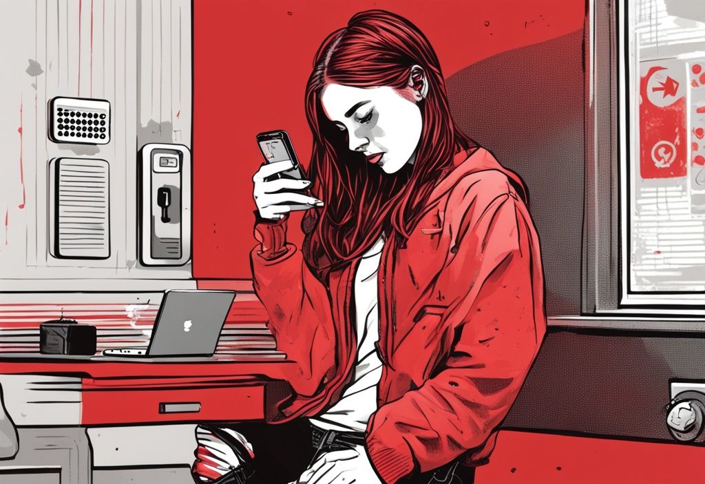 Laura Müller besorgt auf Smartphone mit OnlyFans-Logo und gebrochenem Vorhängeschloss, rotes Farbschema.