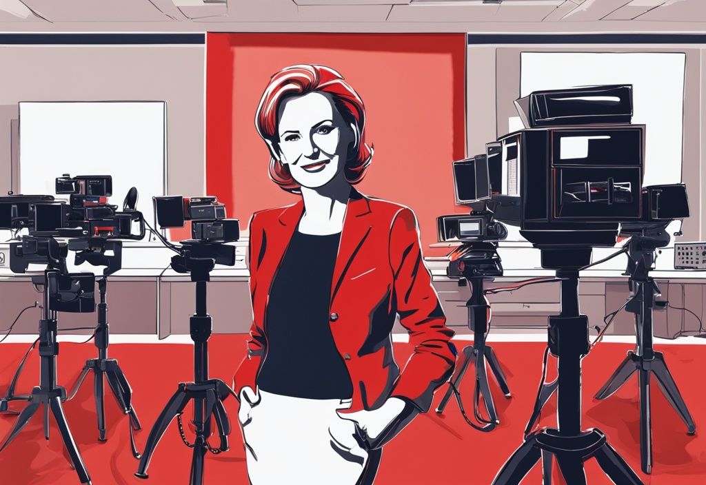 Heike Greis als deutsche Fernsehmoderatorin in einem professionellen Studio mit roten Farbtönen, umgeben von Kameras und Monitoren, hält ein Mikrofon in der Hand.