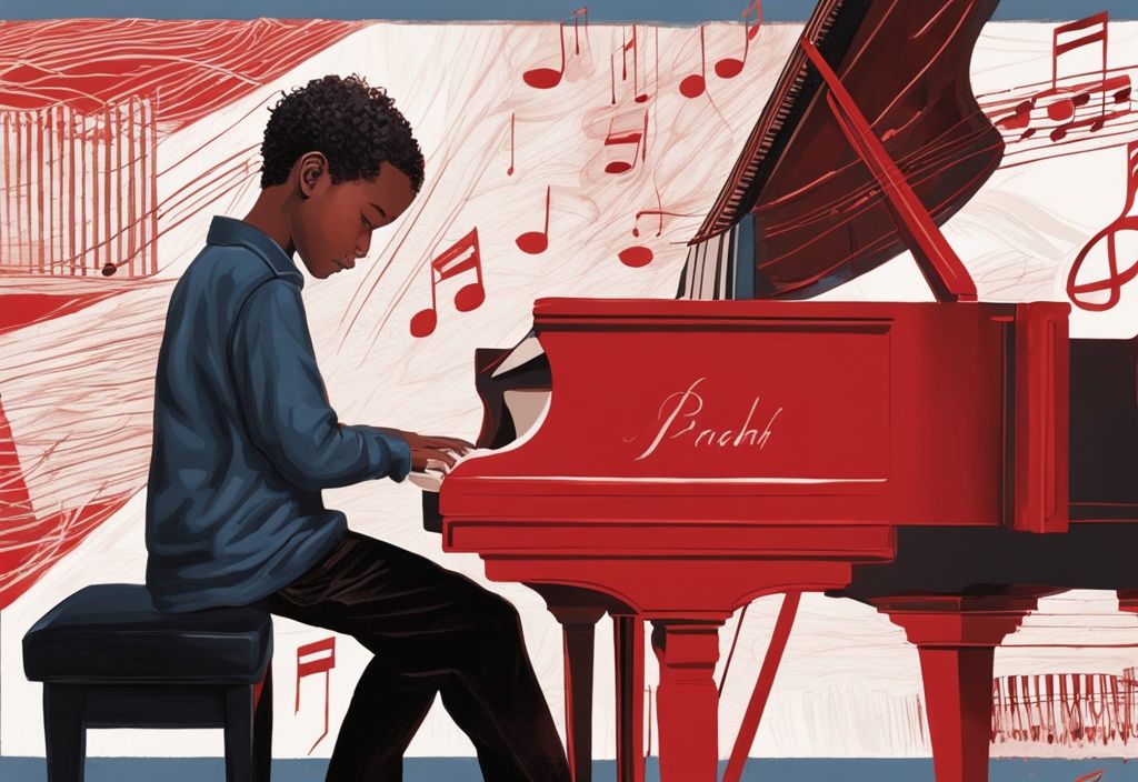 Realistische Illustration von einem jungen Isaiah Bennington am Klavier, der sein musikalisches Talent zeigt, mit rotem Farbthema.