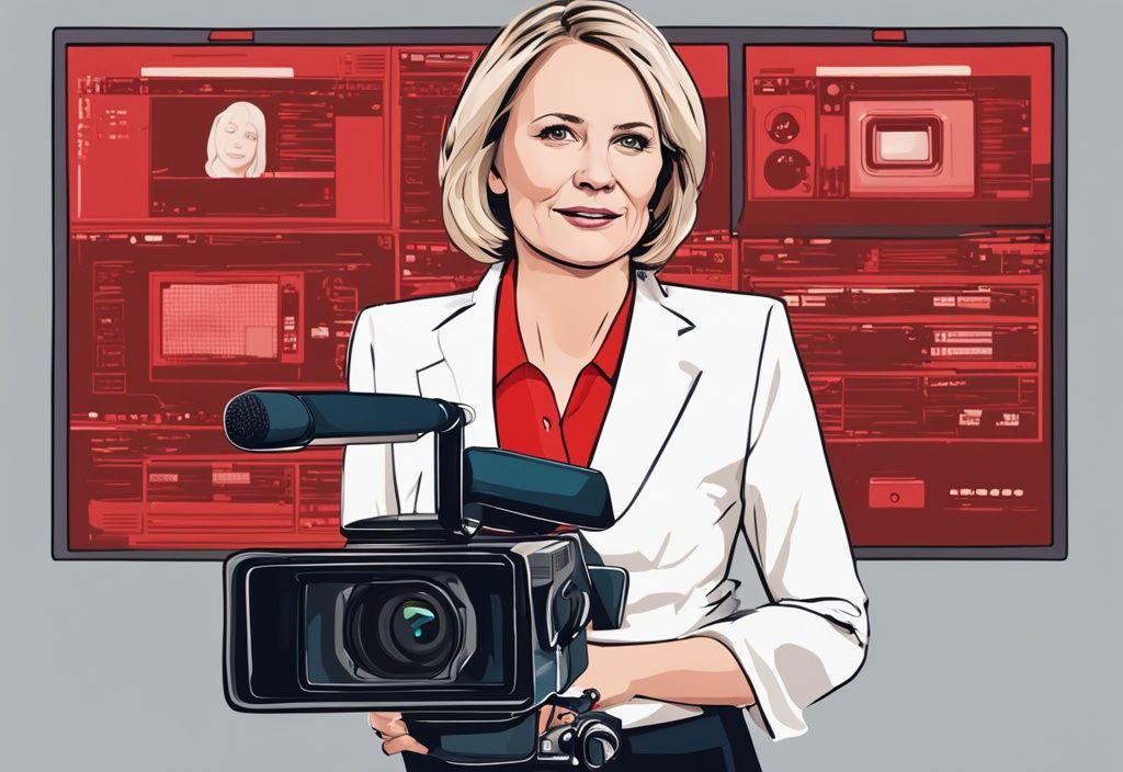 Heike Greis, deutsche Fernsehmoderatorin, in professionellem Umfeld mit Kameras und Monitoren, Mikrofon in der Hand, rotes Farbschema.