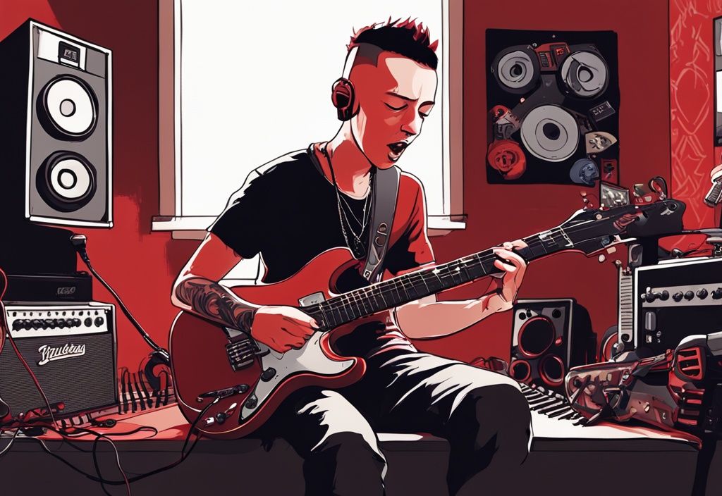 Teenager, der Chester Bennington ähnelt, singt leidenschaftlich in ein Mikrofon in einem gemütlichen Heimstudio, umgeben von Gitarren und Musikequipment; wer ist Isaiah Bennington.