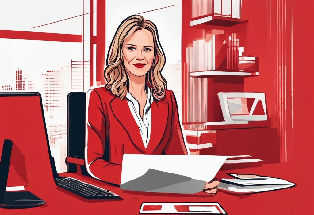 Realistische Illustration einer professionellen Frau, Maike Tschorn, in einem geschäftlichen Umfeld, die Vertrauen und Kompetenz ausstrahlt, Hauptfarbthema Rot.