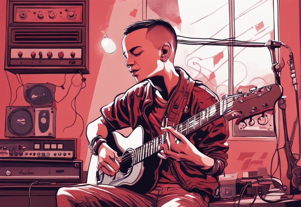 Realistische Illustration eines Teenagers, der Chester Bennington ähnelt und leidenschaftlich in ein Mikrofon in einem intimen Heimsetting singt, umgeben von Gitarren und Musikequipment; wer ist Isaiah Bennington.