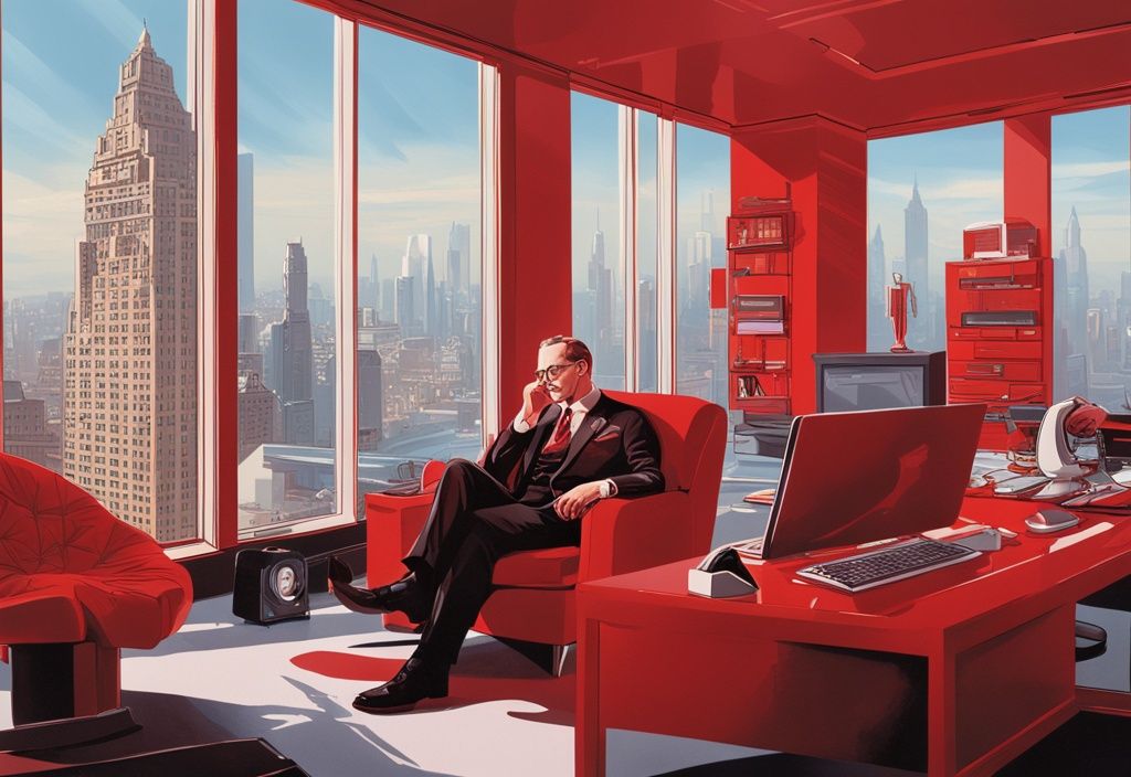 Realistische Illustration von Frank Hanebuth in einem luxuriösen Büro, umgeben von Reichtumssymbolen wie High-End-Elektronik und Designermöbeln, mit Blick auf die Skyline einer Stadt durch ein hohes Glasfenster; Thema: wie reich ist Frank Hanebuth.