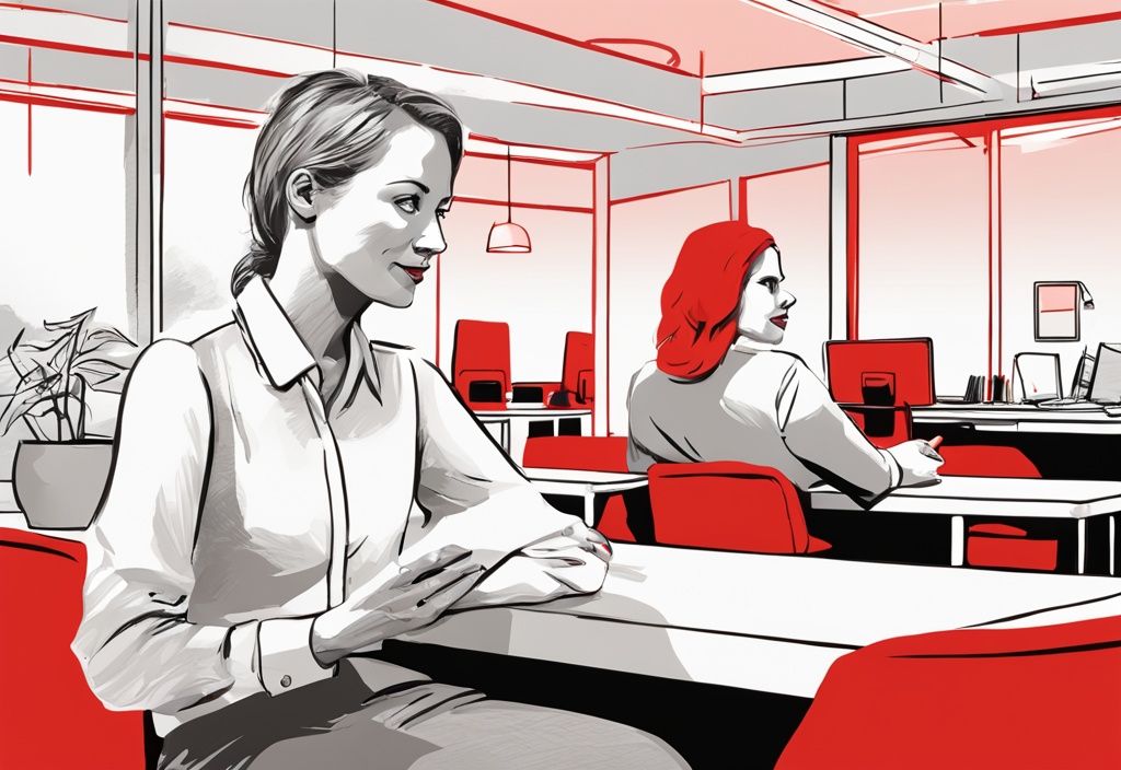 Realistische Illustration von Maike Tschorn, einer kompetenten Fachfrau, in einer fesselnden Diskussion im Büro, Hauptfarbthema Rot – wer ist Maike Tschorn.