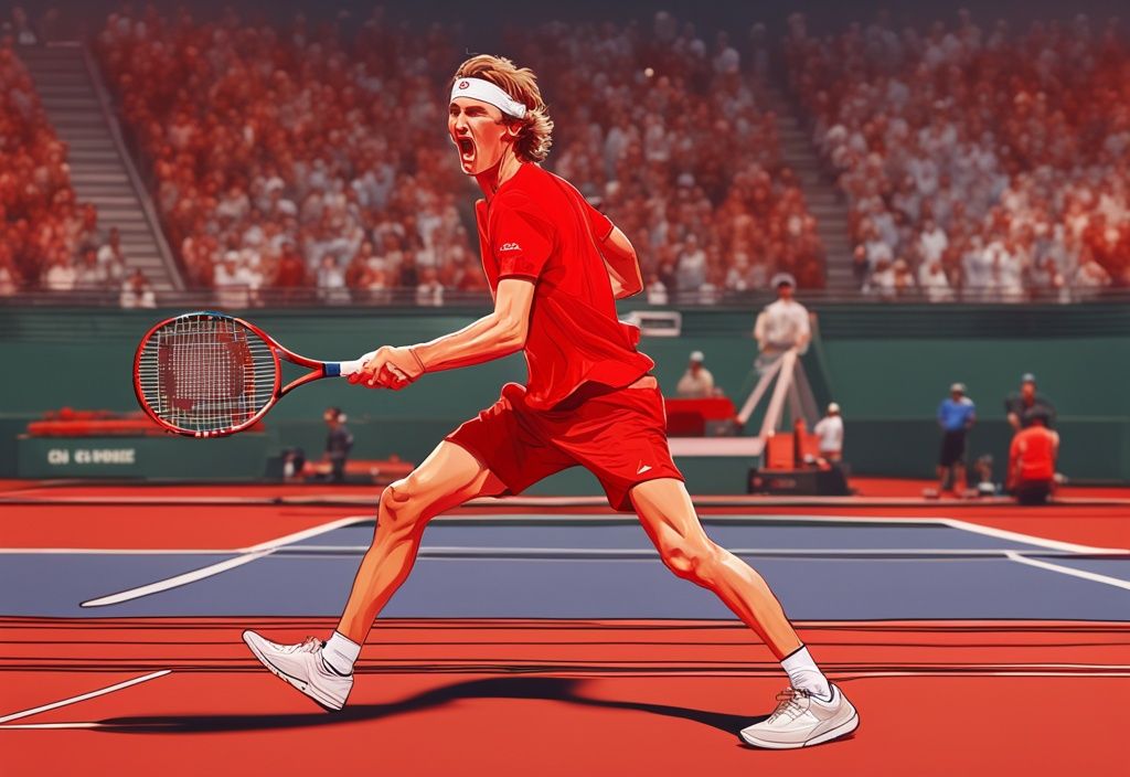 Realistische Illustration von Alexander Zverev auf dem Tennisplatz, mit rotem Farbschema und einer Zeitleiste seiner Karriereerfolge im Hintergrund.