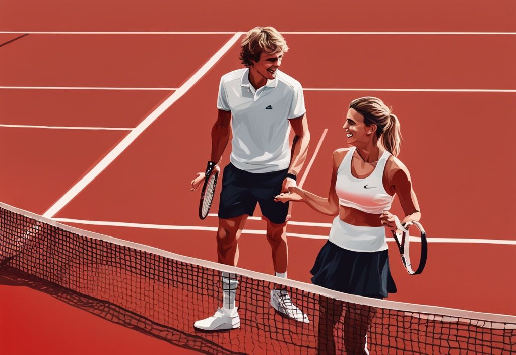 Alexander Zverev und Sophia Thomalla teilen einen fröhlichen Moment auf dem Tennisplatz, rotes Farbschema im Hintergrund.