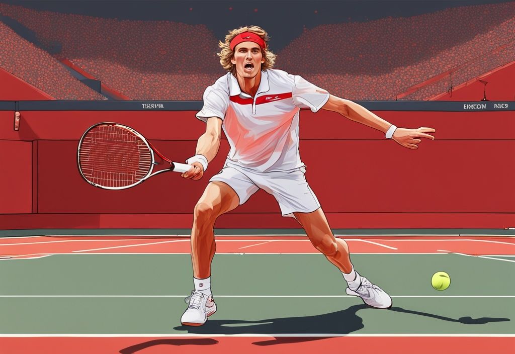 Realistische Illustration von Alexander Zverev in Aktion auf einem Tennisplatz, mit einer Zeitleiste seiner Karriereerfolge im Hintergrund, Hauptfarbthema Rot.