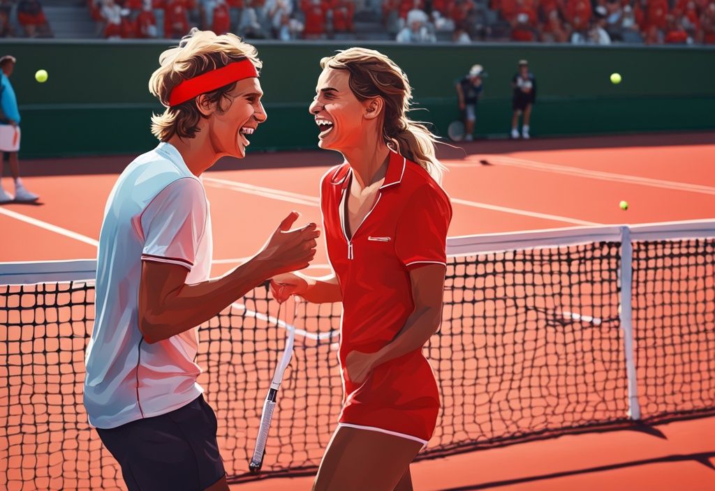 Alexander Zverev und Sophia Thomalla teilen einen fröhlichen Moment auf einem Tennisplatz, realistische Illustration in Rot.