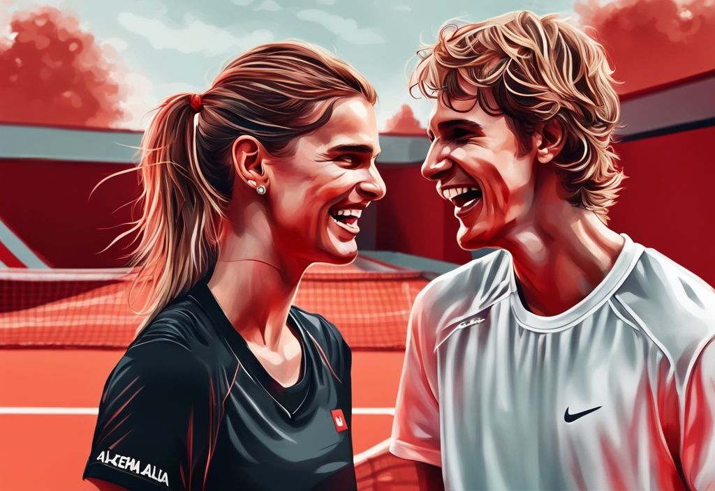 Alexander Zverev und Sophia Thomalla teilen einen fröhlichen Moment auf dem Tennisplatz, realistisches Bild in roten Farbtönen.