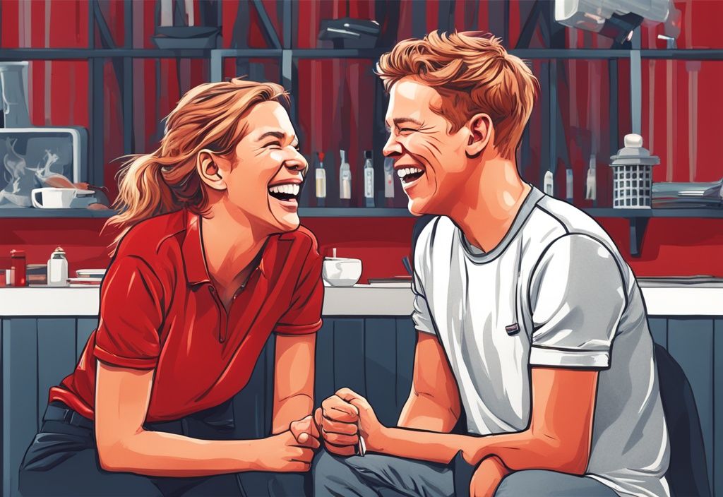 Realistische Illustration von Julian Nagelsmann und Lena Wurzenberger in einer entspannten Umgebung, lachend und in einem freundlichen Gespräch, mit rotem Farbthema.