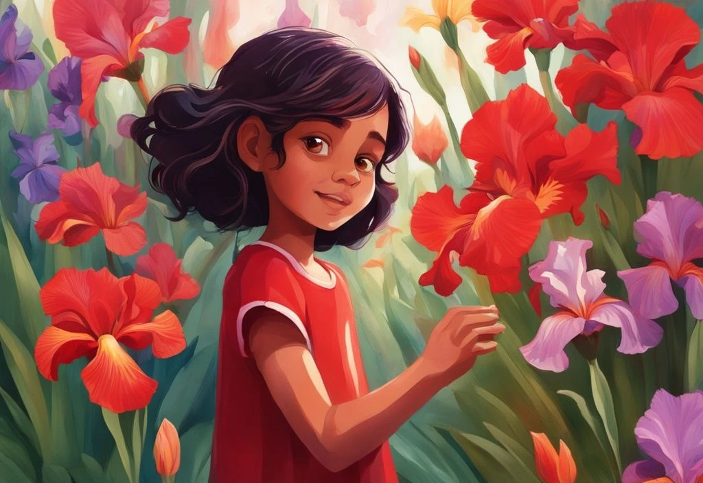Realistische Illustration eines Mädchens namens Iris Sayram, das in einem blumenreichen Garten spielt und mit einer schönen Irisblume interagiert, wobei das Hauptfarbthema rot ist, Iris Sayram Kindheit.