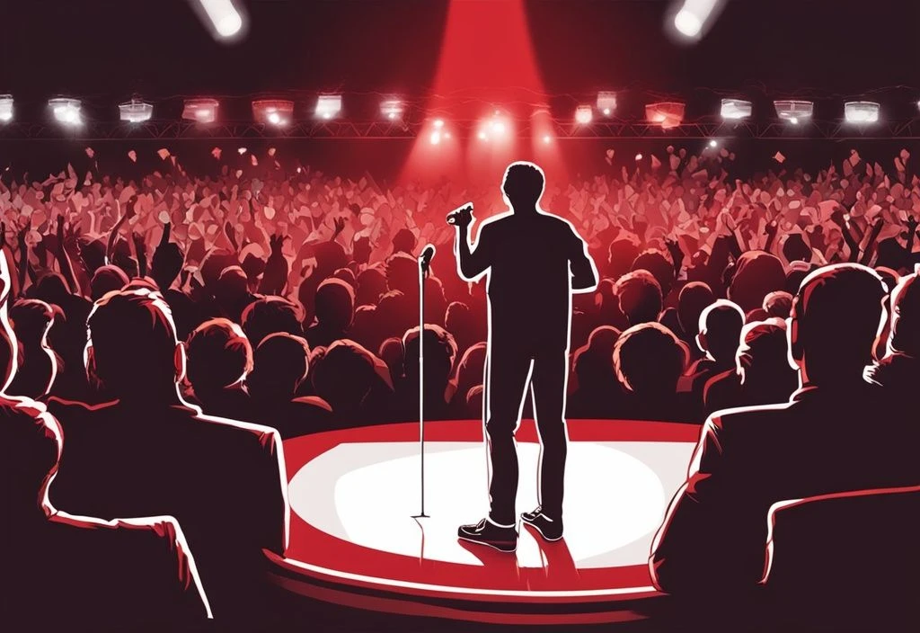 Person auf einer Bühne unter einem roten Scheinwerfer, mit Mikrofon in der Hand, während jubelnde Fans im Hintergrund zu sehen sind; Keyword: wie werde ich prominent.