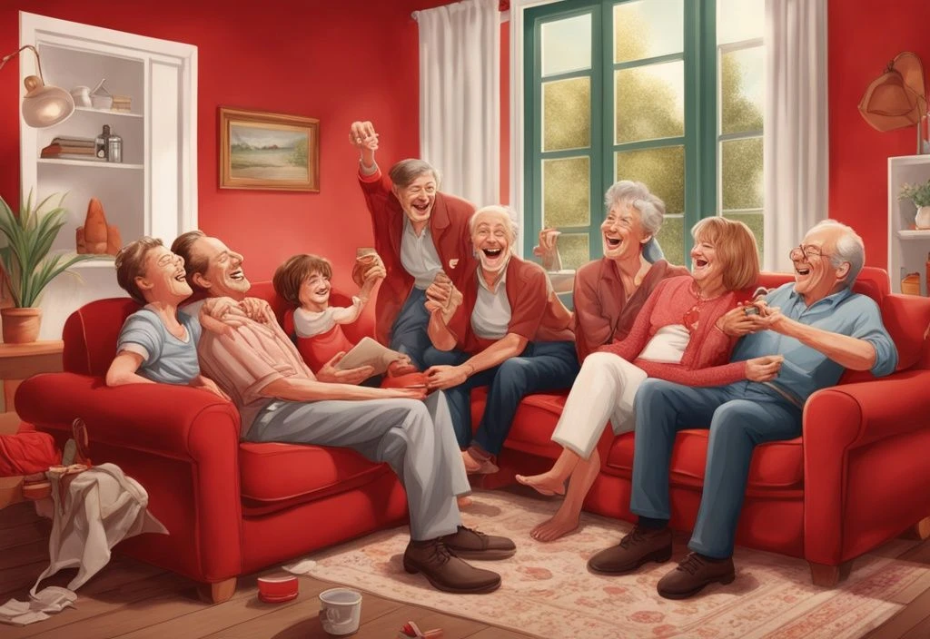 Heinz Hönig Familie in einem entspannten Moment voller Lachen und Freude, umgeben von roten Farbtönen.