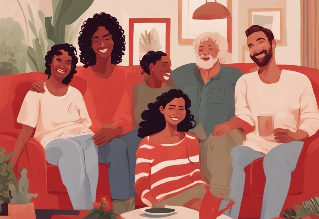 Realistische Illustration in Rottönen, die Mariella Ahrens in entspannter, familiärer Umgebung zeigt, umgeben von lächelnden Familienmitgliedern, die Wärme und Nähe ausstrahlen; Mariella Ahrens Familie.